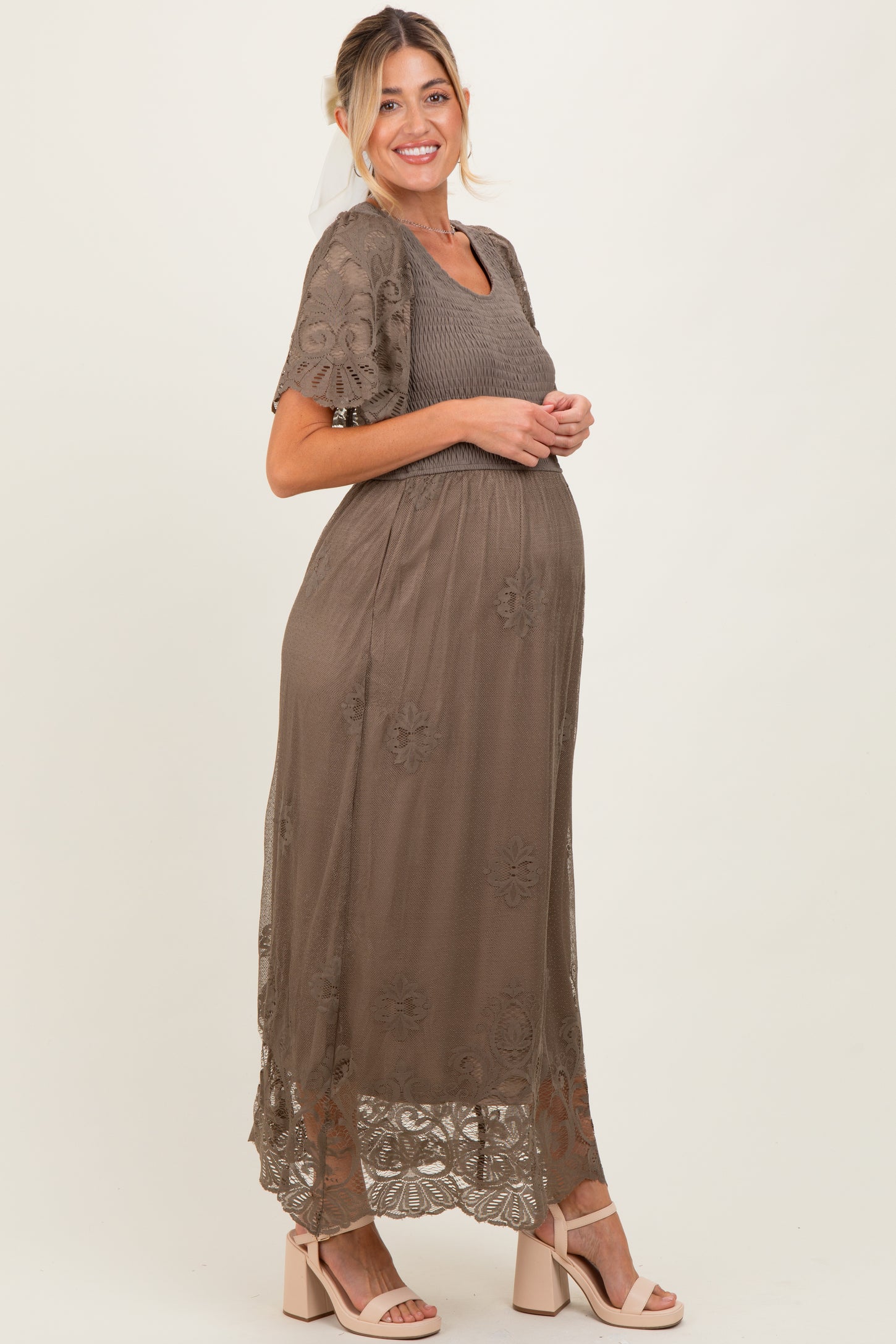 Olive Smocked Lace Detail Maternity Midi Dress