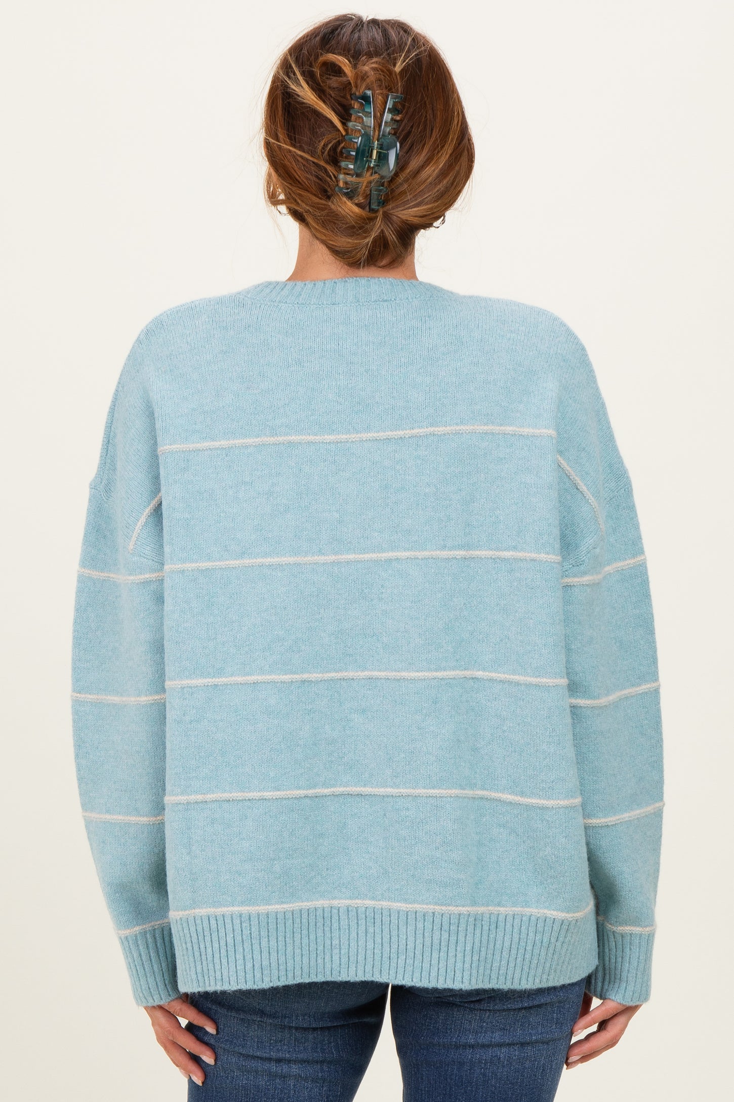 Light Blue Striped Drop Shoulder Sweater