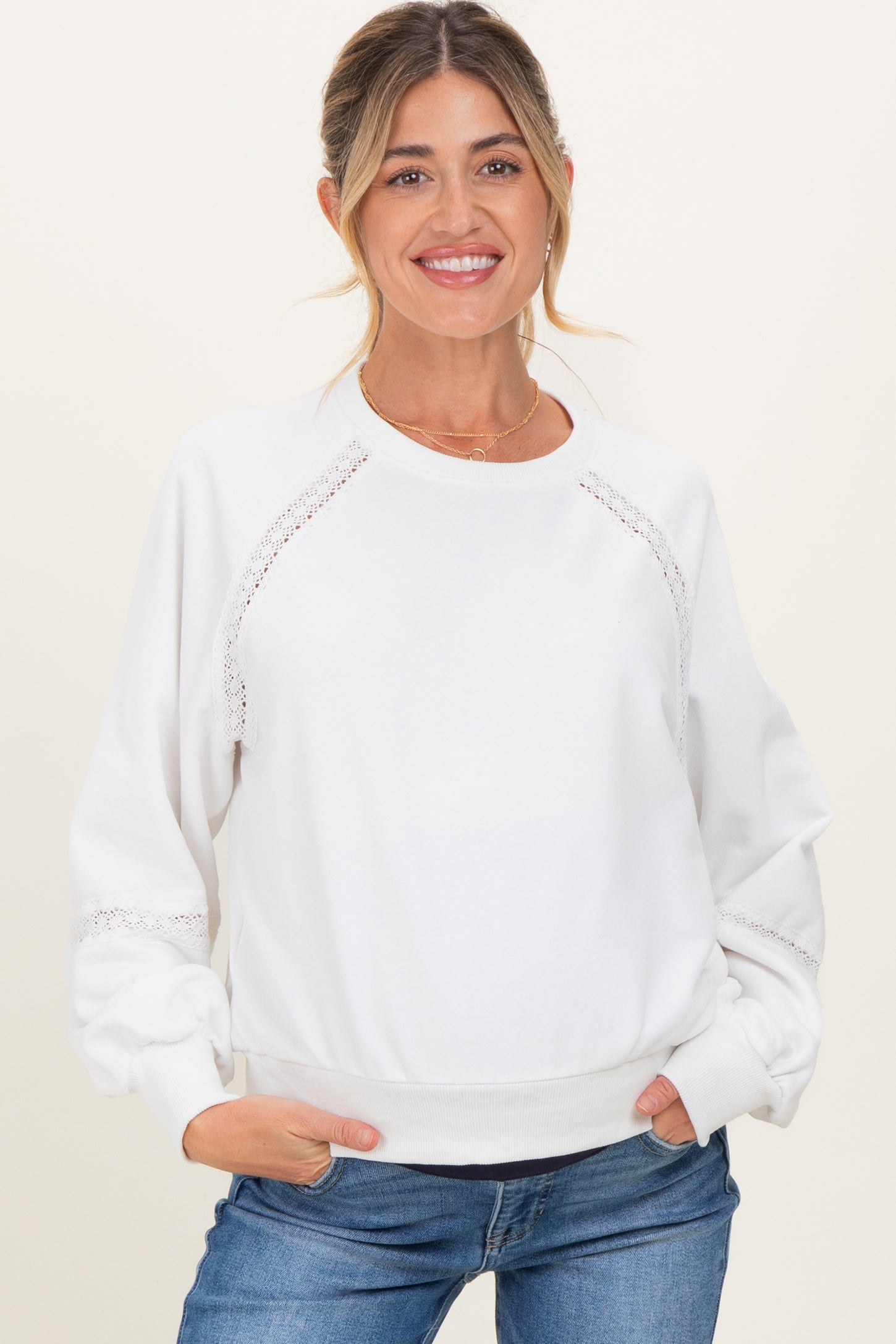 Ivory Crochet Lace Detail Maternity Oversized Sweatshirt