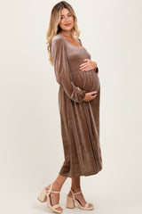 Mocha Velvet Smocked Long Sleeve Maternity Midi Dress