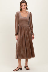 Mocha Velvet Smocked Long Sleeve Midi Dress