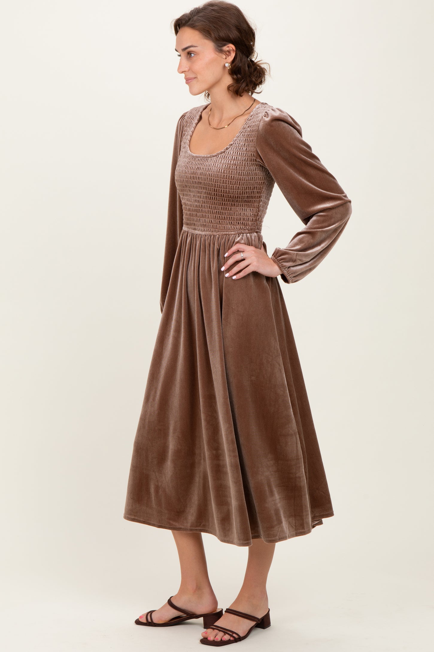 Mocha Velvet Smocked Long Sleeve Midi Dress