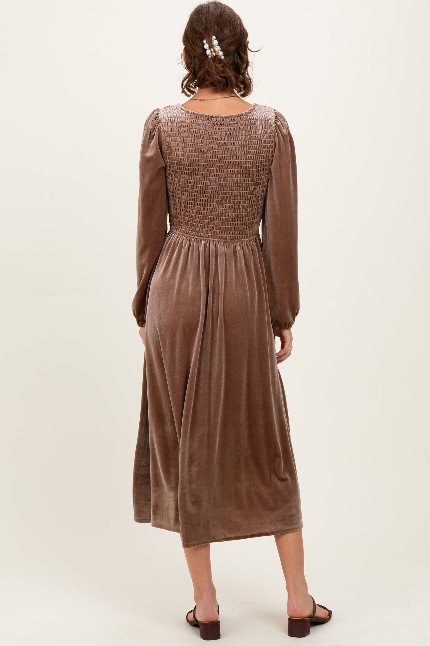 Mocha Velvet Smocked Long Sleeve Midi Dress