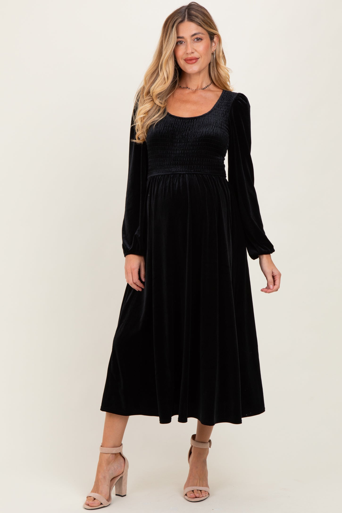 Black Velvet Smocked Long Sleeve Maternity Midi Dress