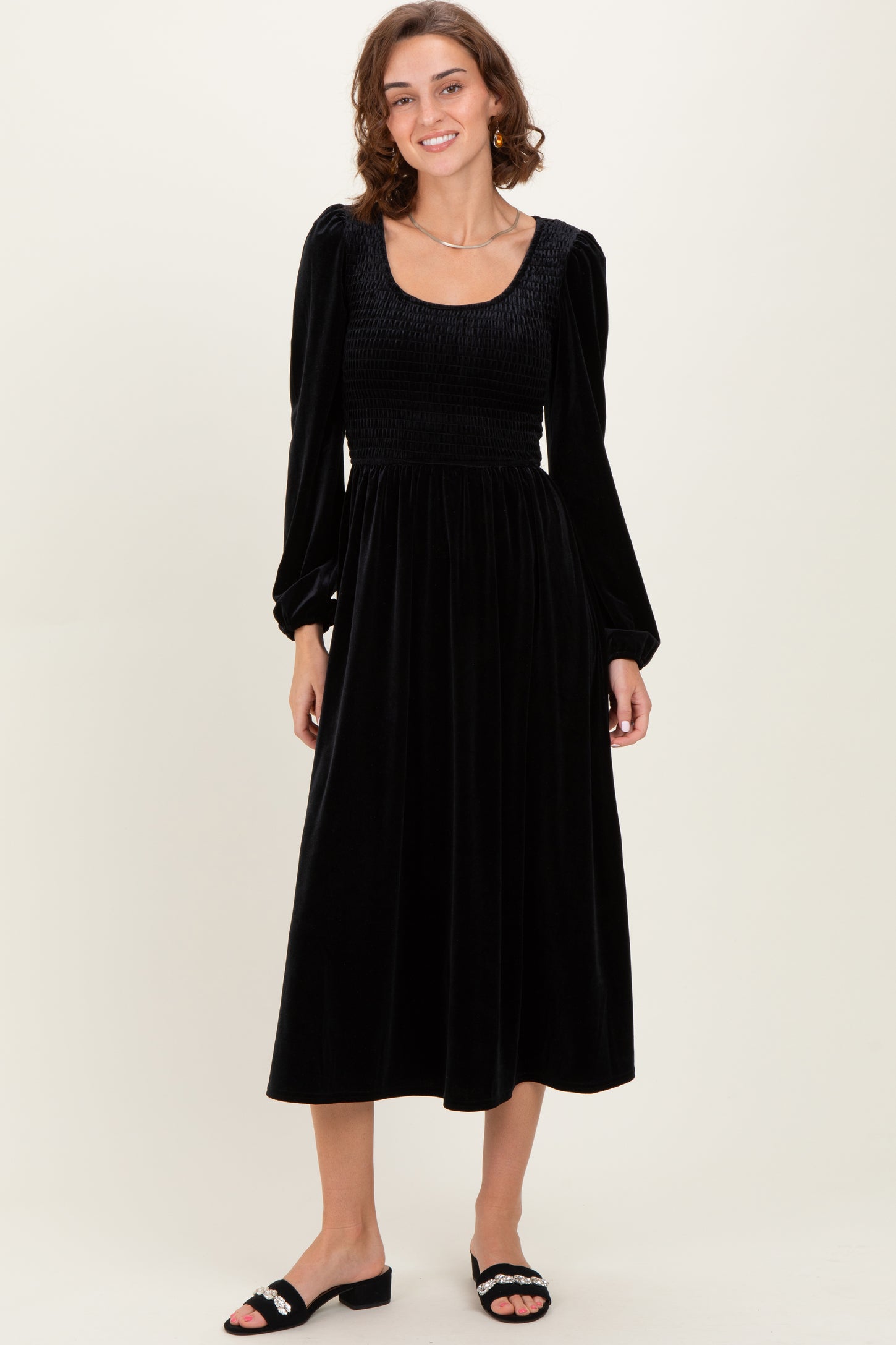 Black Velvet Smocked Long Sleeve Maternity Midi Dress