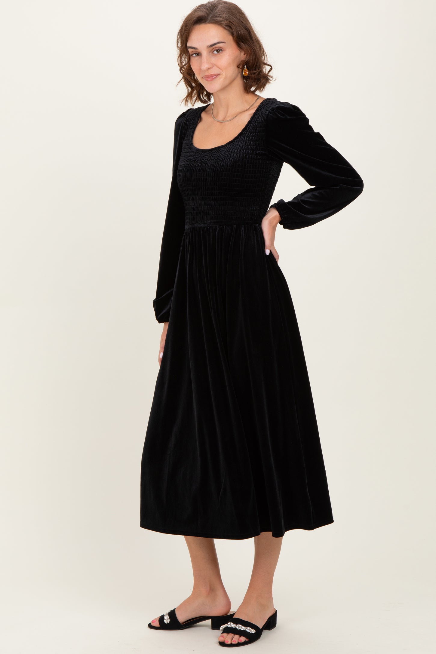 Black Velvet Smocked Long Sleeve Midi Dress