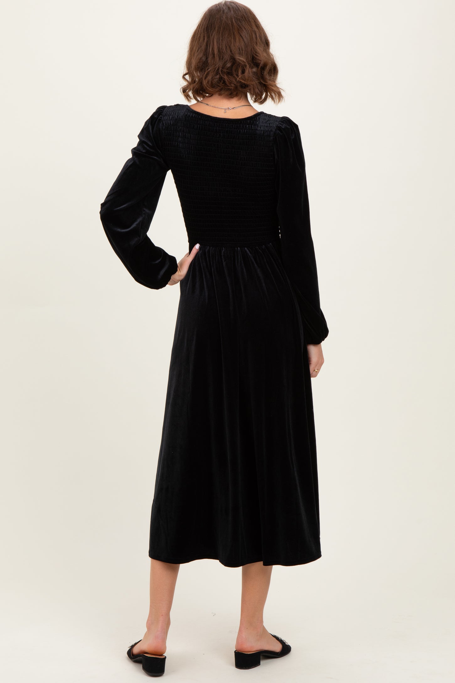 Black Velvet Smocked Long Sleeve Midi Dress
