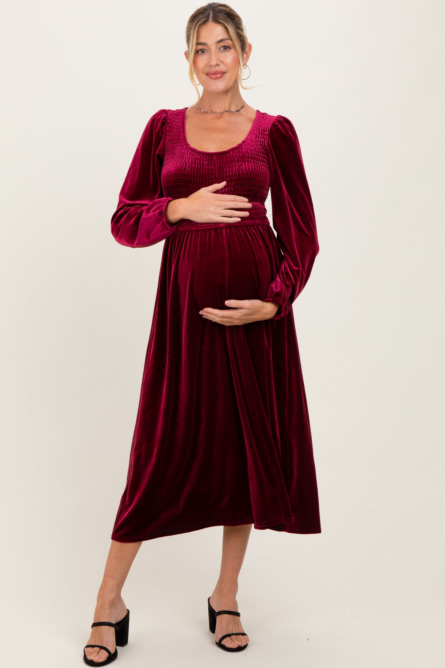 Burgundy Velvet Smocked Long Sleeve Maternity Midi Dress