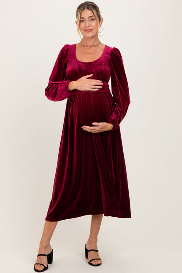 Burgundy Velvet Smocked Long Sleeve Maternity Midi Dress