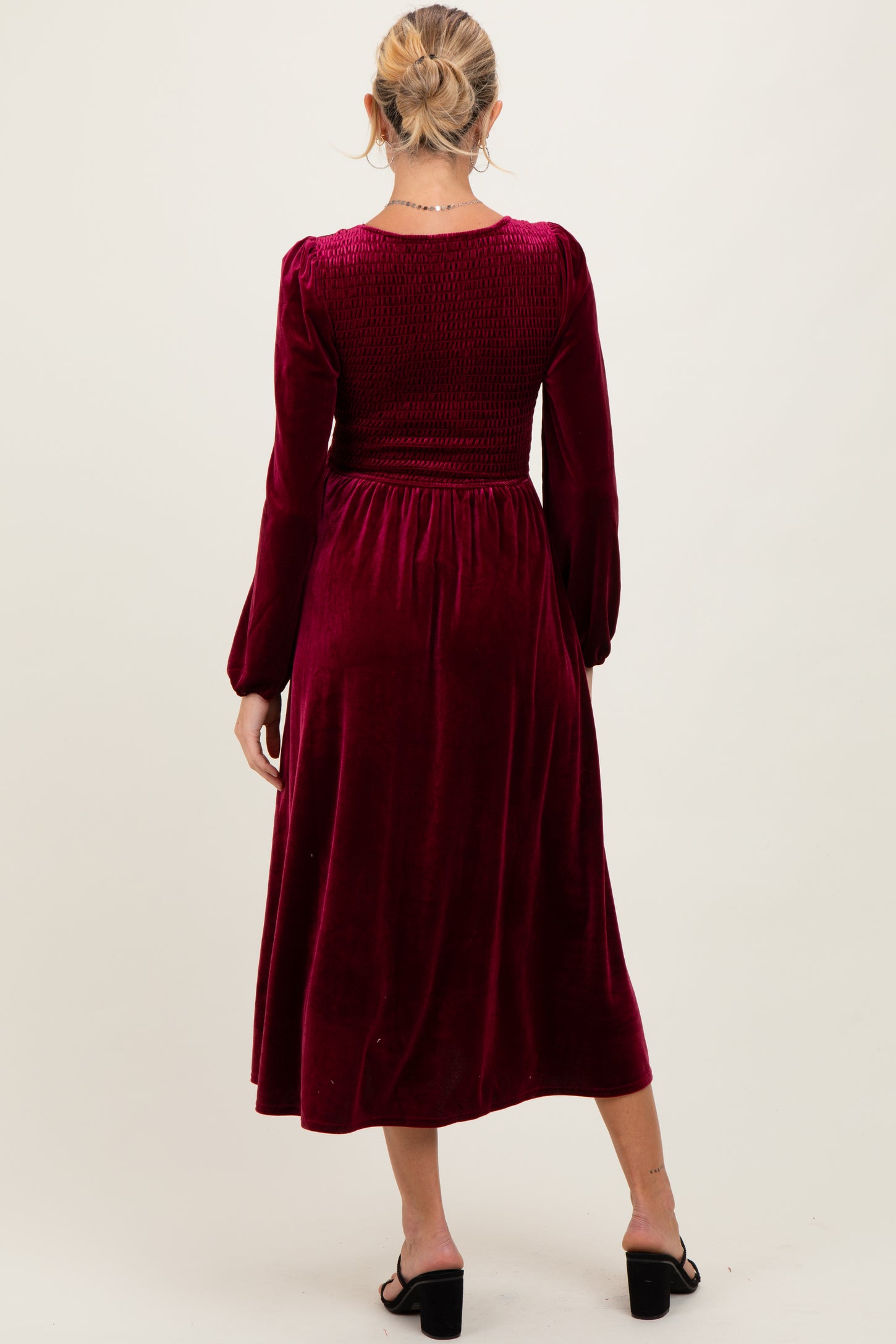 Burgundy Velvet Smocked Long Sleeve Maternity Midi Dress