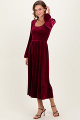 Burgundy Velvet Smocked Long Sleeve Midi Dress
