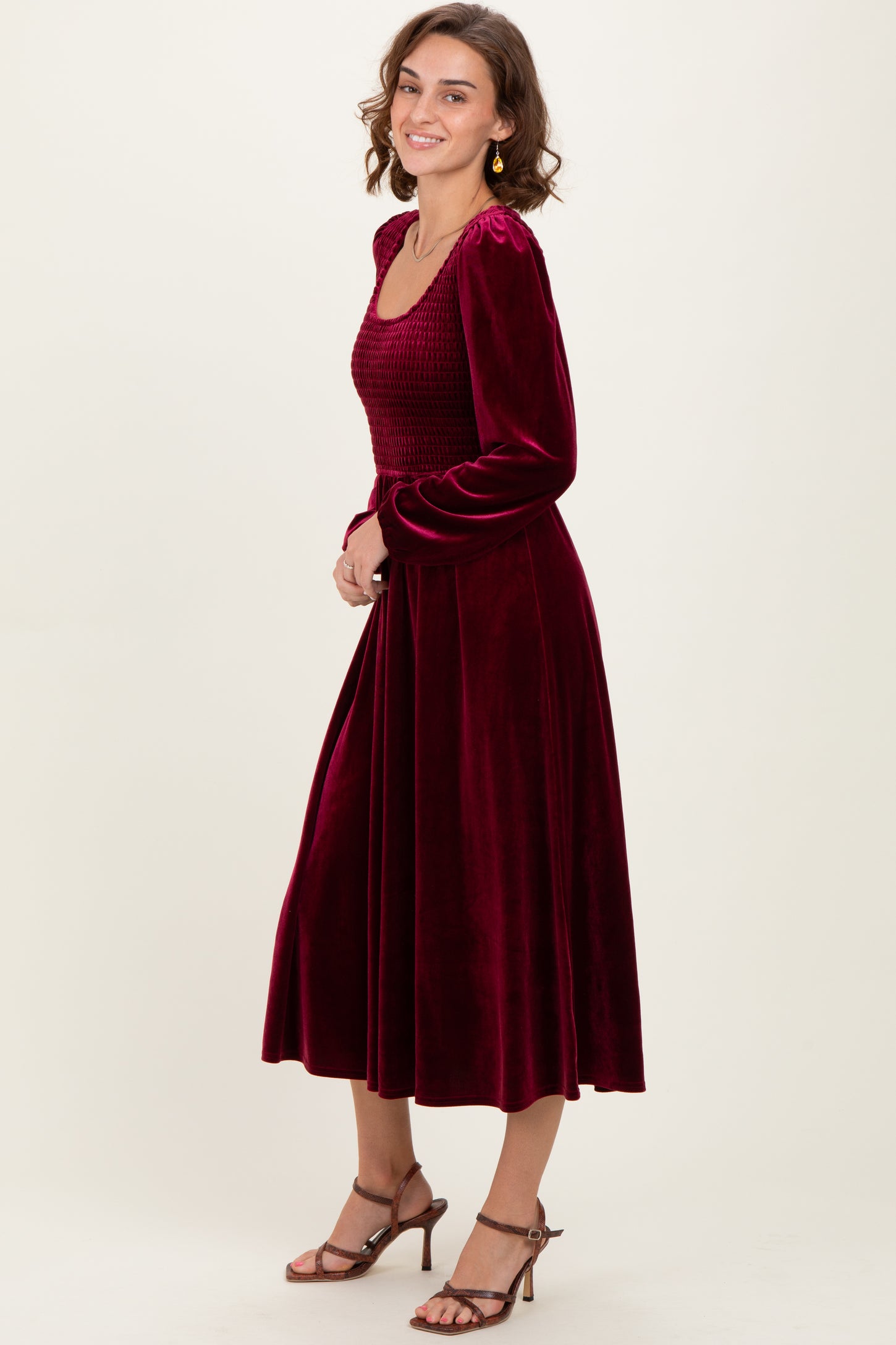 Burgundy Velvet Smocked Long Sleeve Midi Dress