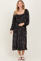 Black Floral Velvet Smocked Midi Dress