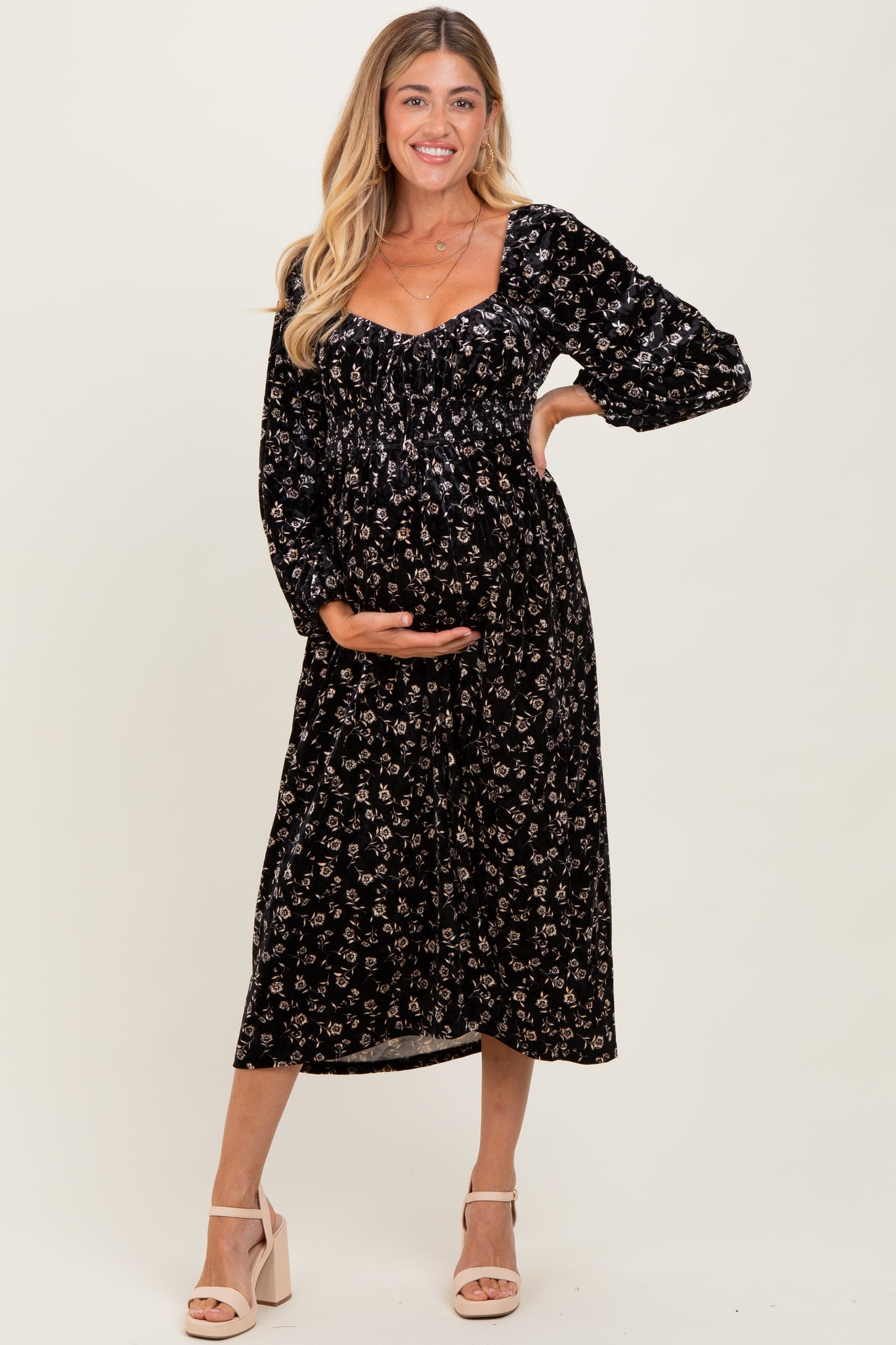 Black Floral Velvet Smocked Maternity Midi Dress