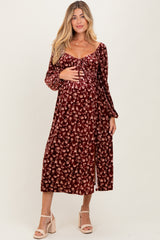 Burgundy Floral Velvet Smocked Maternity Midi Dress