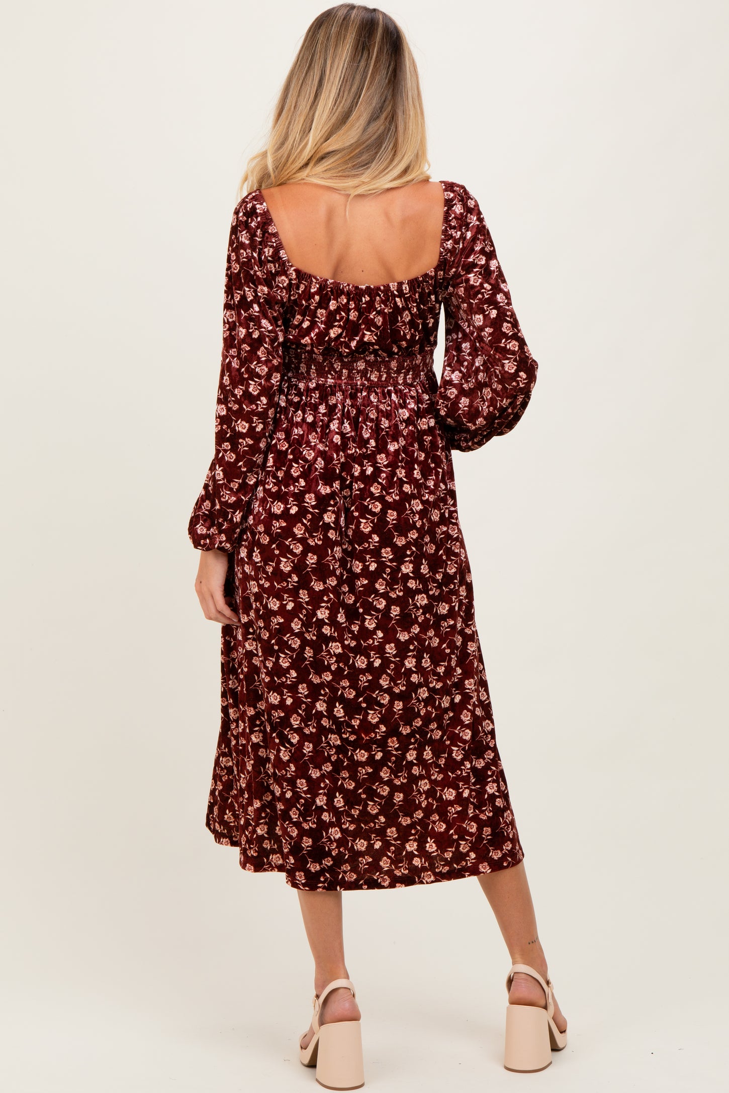 Burgundy Floral Velvet Smocked Maternity Midi Dress