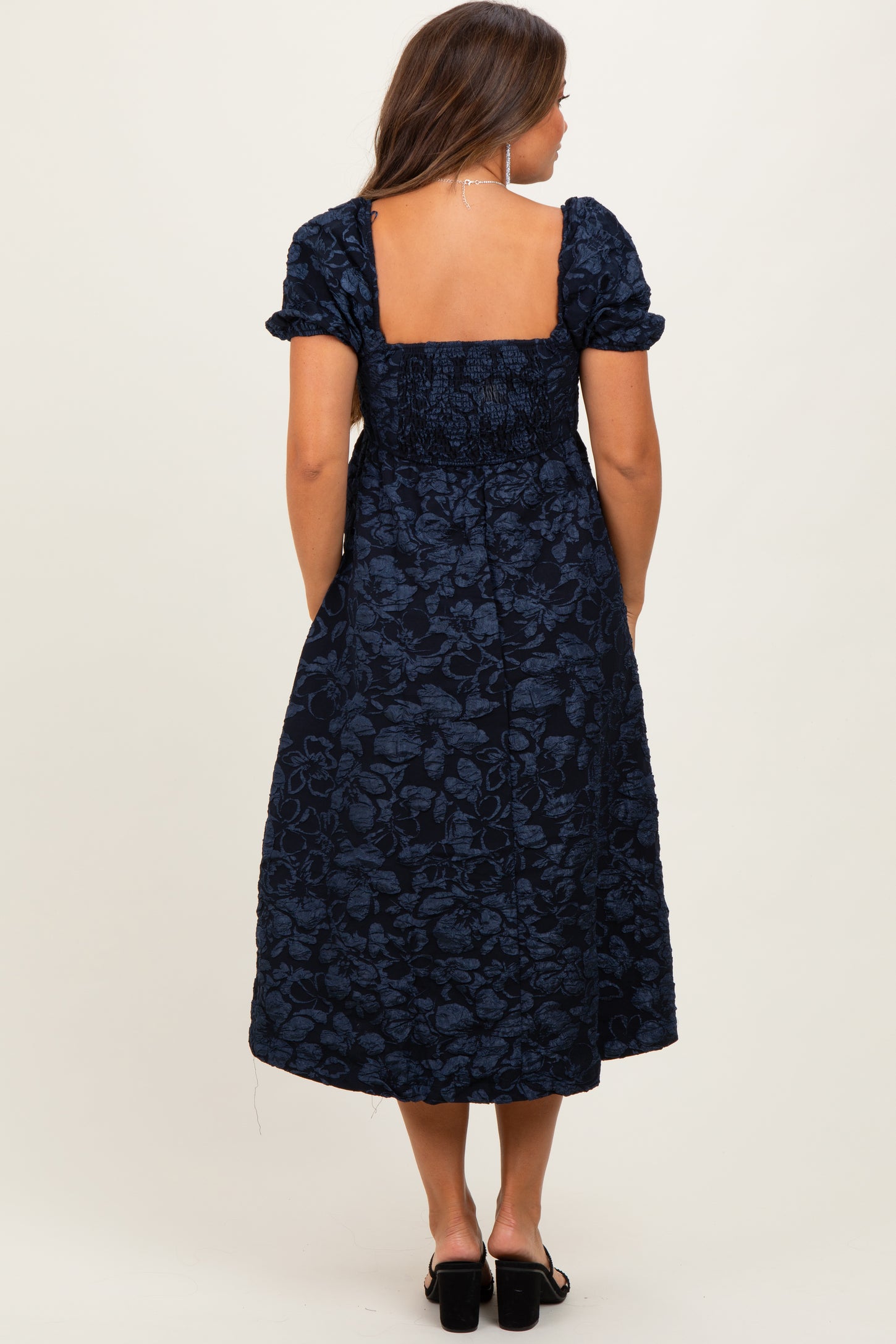 Navy Floral Jacquard Puff Sleeve Maternity Midi Dress