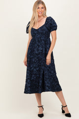 Navy Floral Jacquard Puff Sleeve Maternity Midi Dress