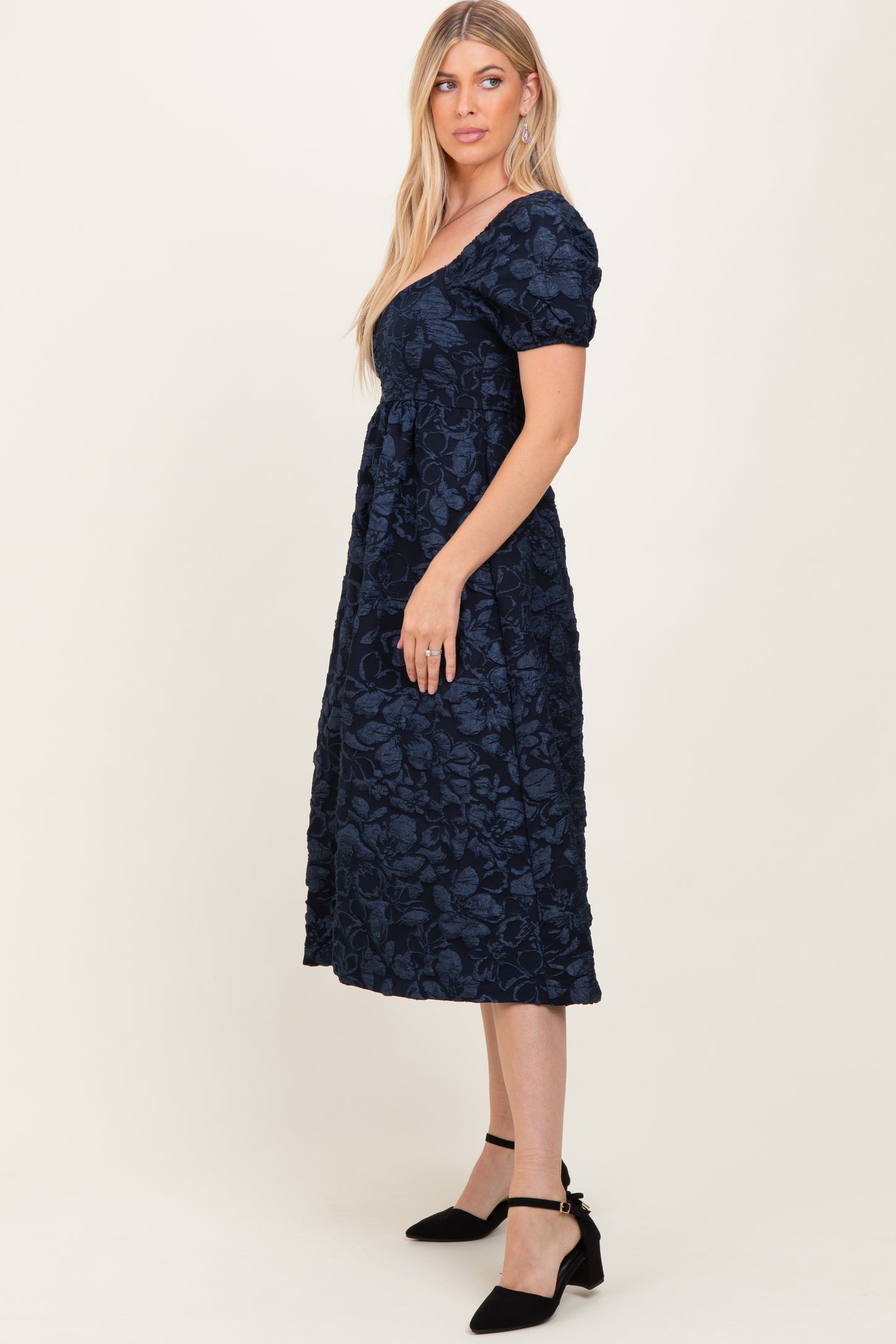 Navy Floral Jacquard Puff Sleeve Midi Dress