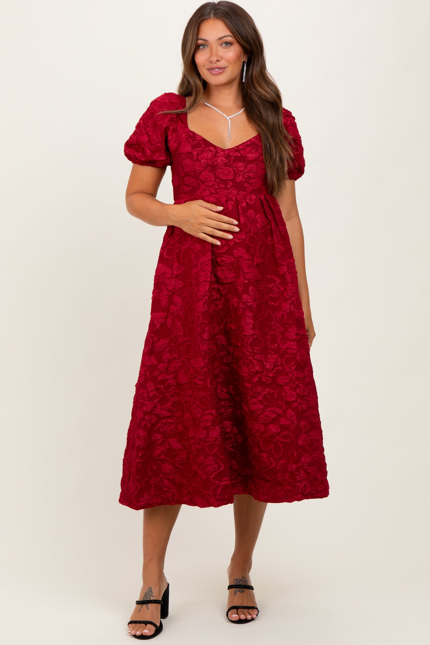 Red Floral Jacquard Puff Sleeve Maternity Midi Dress