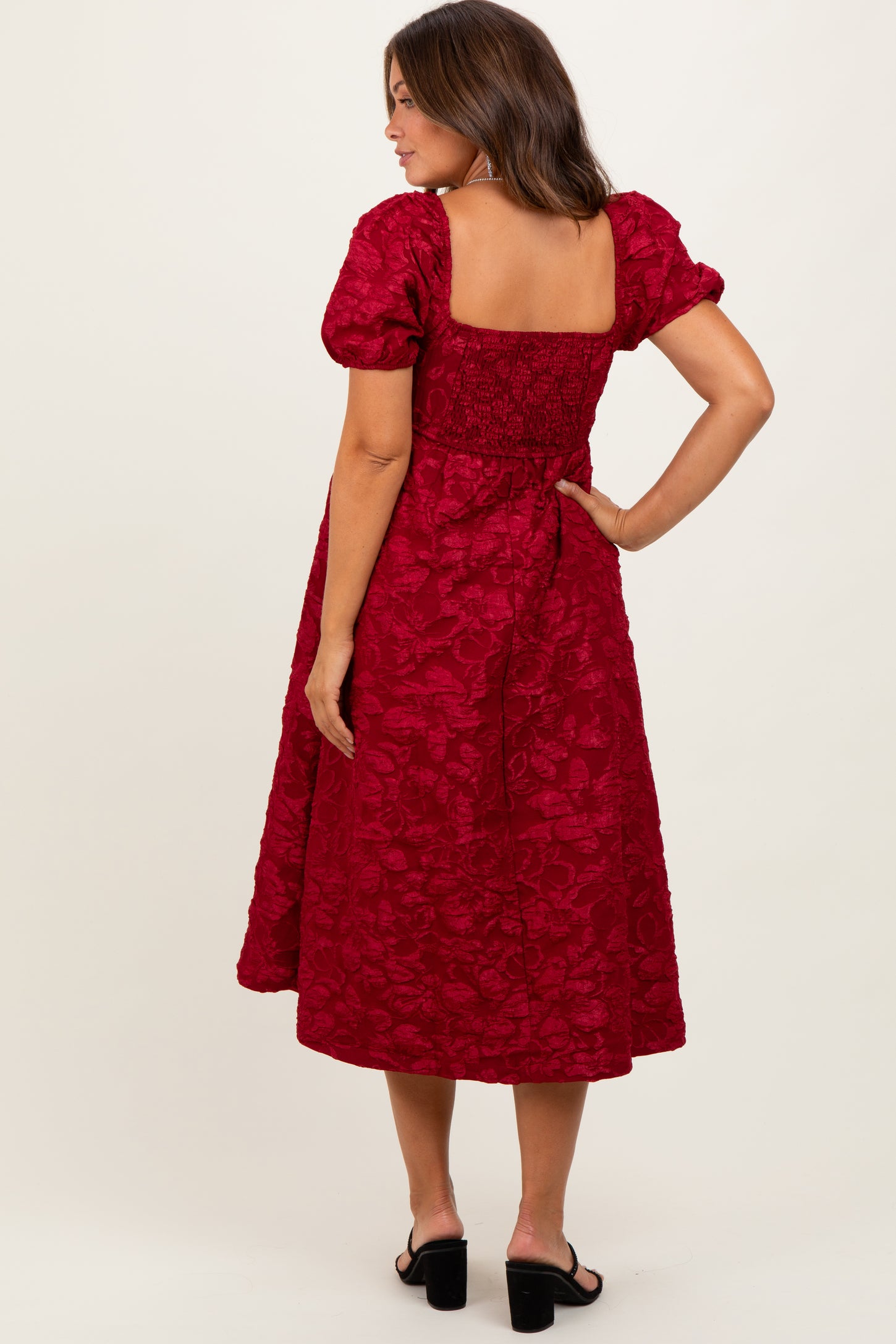 Red Floral Jacquard Puff Sleeve Maternity Midi Dress