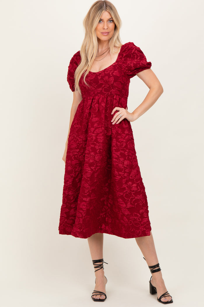 Red Floral Jacquard Puff Sleeve Maternity Midi Dress