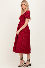 Red Floral Jacquard Puff Sleeve Midi Dress