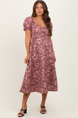 Mauve Floral Jacquard Puff Sleeve Maternity Midi Dress