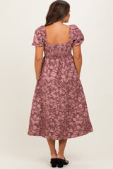 Mauve Floral Jacquard Puff Sleeve Maternity Midi Dress
