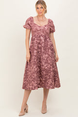 Mauve Floral Jacquard Puff Sleeve Maternity Midi Dress