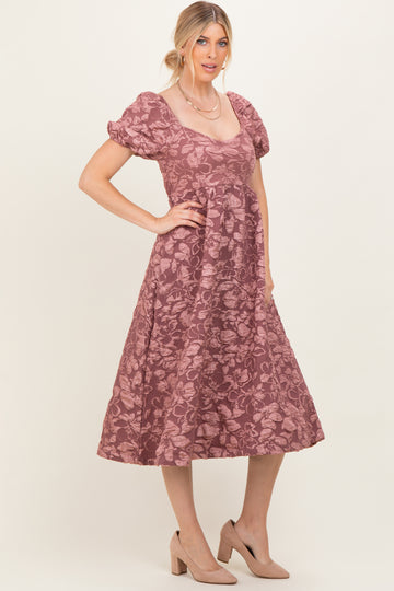 Mauve Floral Jacquard Puff Sleeve Midi Dress