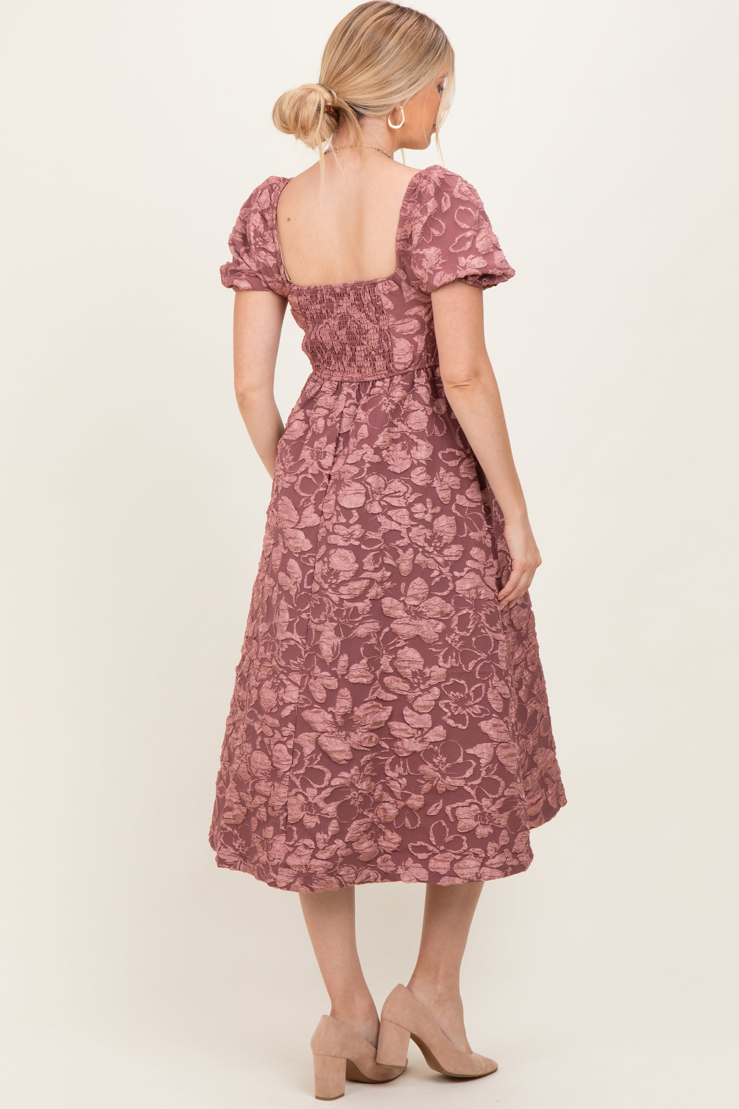 Mauve Floral Jacquard Puff Sleeve Midi Dress