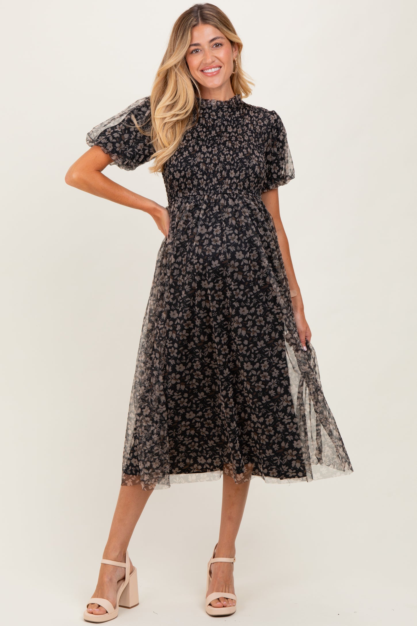 Black Floral Smocked Puff Sleeve Chiffon Maternity Midi Dress