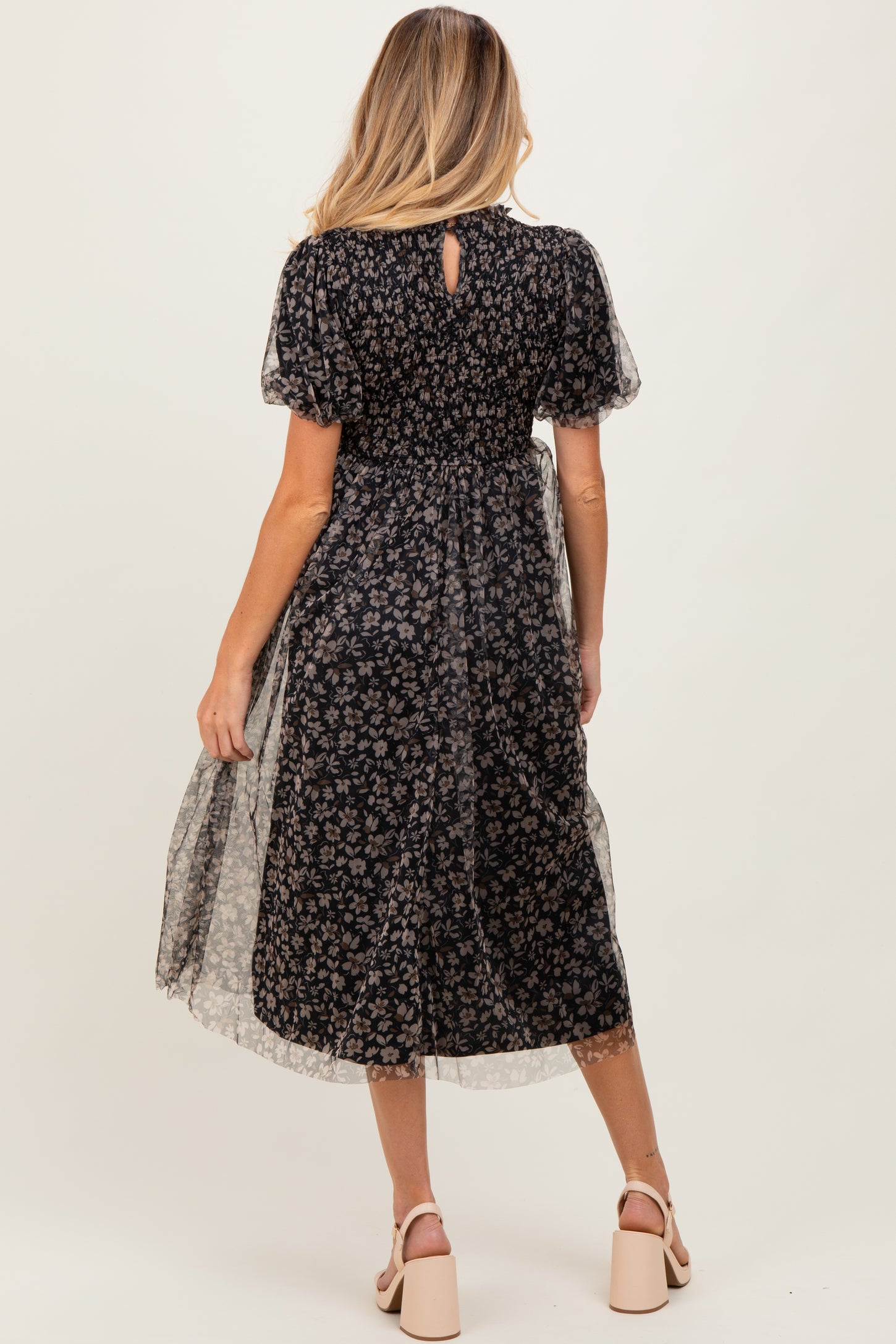 Black Floral Smocked Puff Sleeve Chiffon Maternity Midi Dress