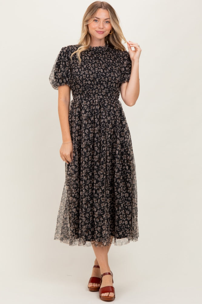 Black Floral Smocked Puff Sleeve Chiffon Midi Dress