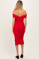 Red Off Shoulder Maternity Midi Dress