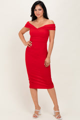 Red Off Shoulder Maternity Midi Dress