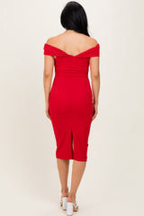 Red Off Shoulder Midi Dress
