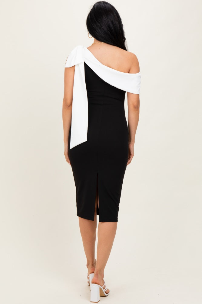 Black Oversized Bow One Shoulder Midi Dress