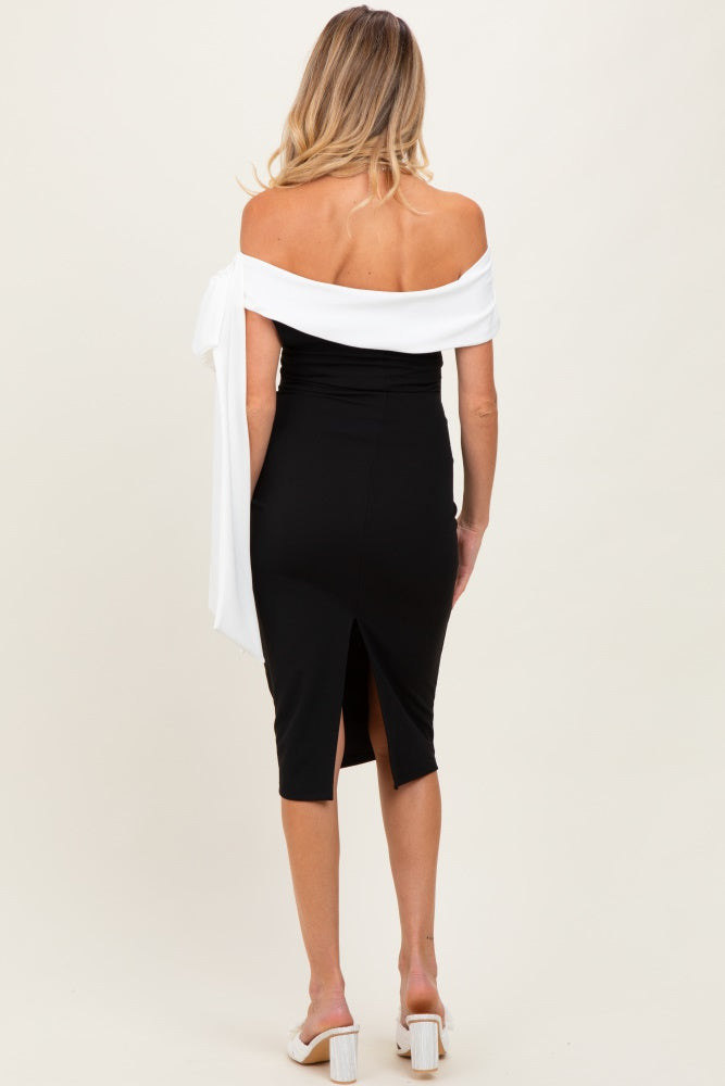 Black Oversized Bow One Shoulder Maternity Midi Dress
