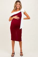 Burgundy Oversized Bow One Shoulder Maternity Midi Dress