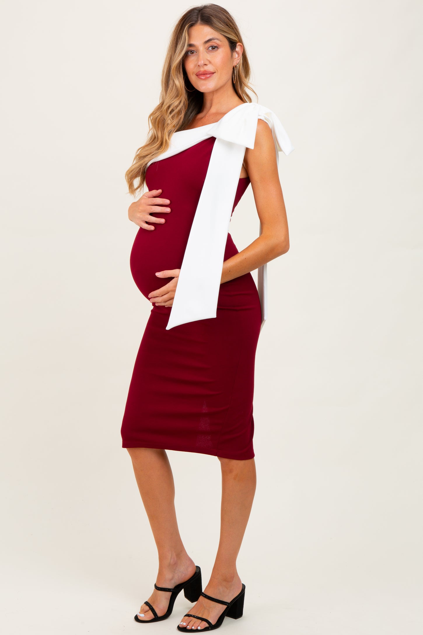 Burgundy Oversized Bow One Shoulder Maternity Midi Dress