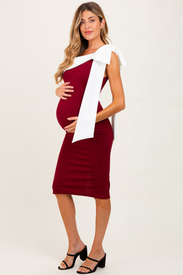 Burgundy Oversized Bow One Shoulder Maternity Midi Dress