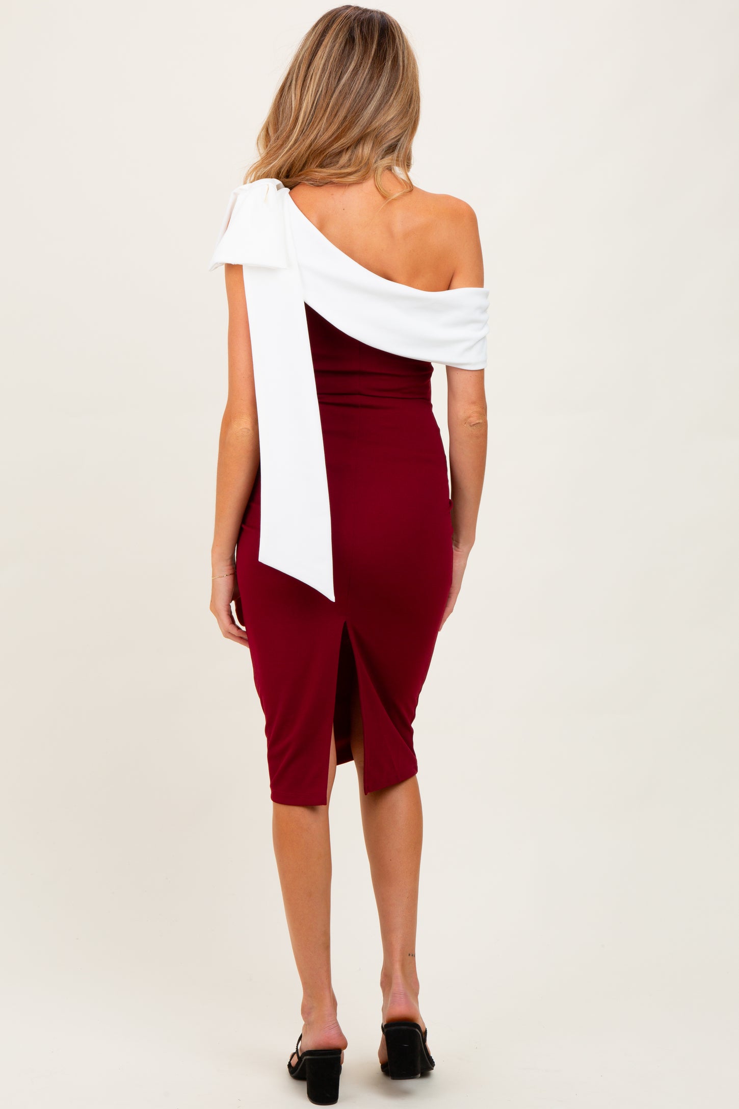 Burgundy Oversized Bow One Shoulder Maternity Midi Dress