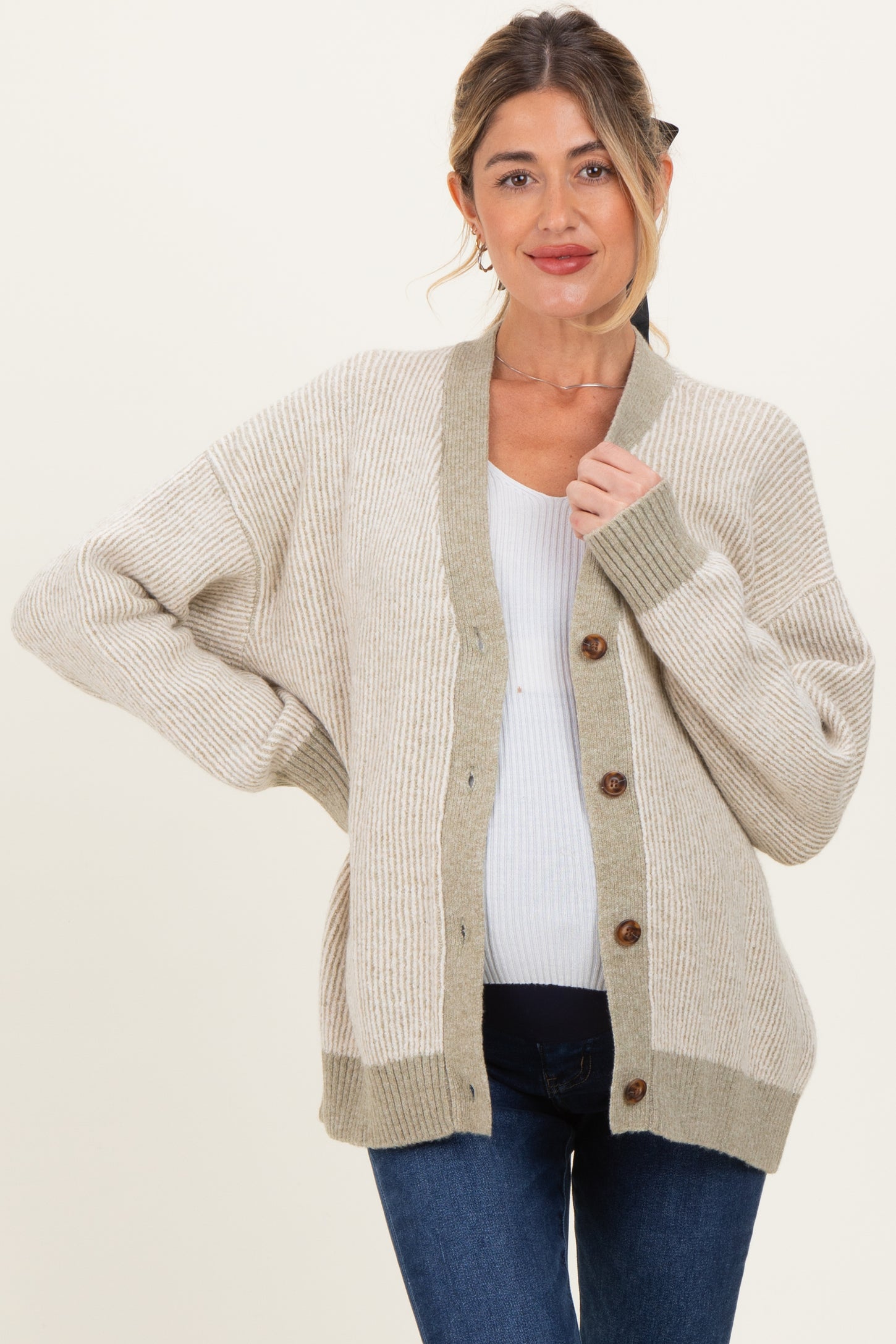 Light Olive Two-Tone Button-Down Maternity Cardigan