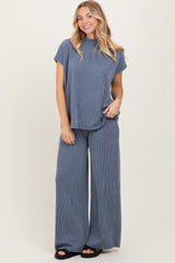 Blue Textured Rib Mock Neck Short Sleeve Pant Maternity Set