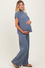 Blue Textured Rib Mock Neck Short Sleeve Pant Maternity Set
