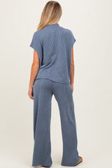 Blue Textured Rib Mock Neck Short Sleeve Pant Maternity Set