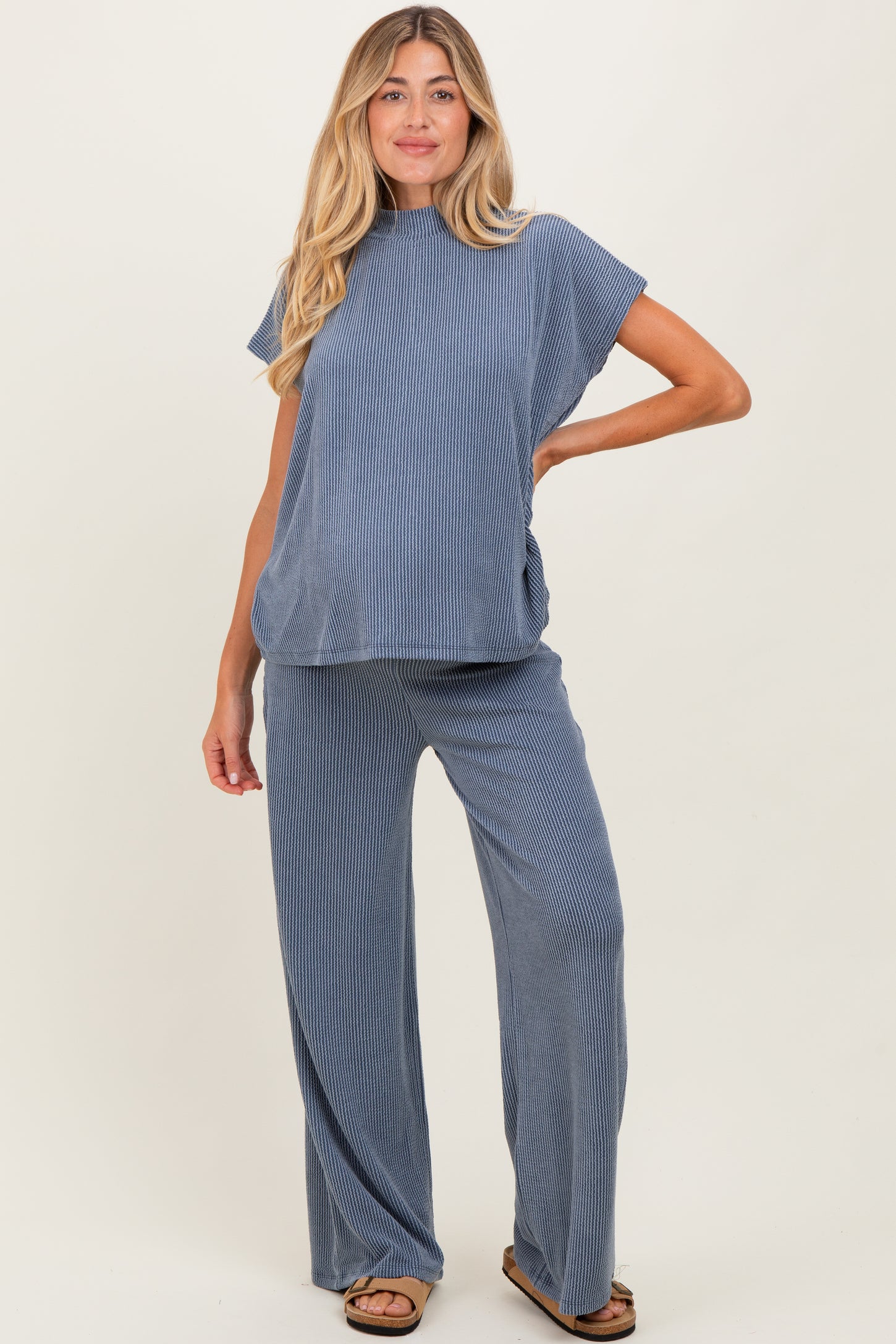 Blue Textured Rib Mock Neck Short Sleeve Pant Maternity Set