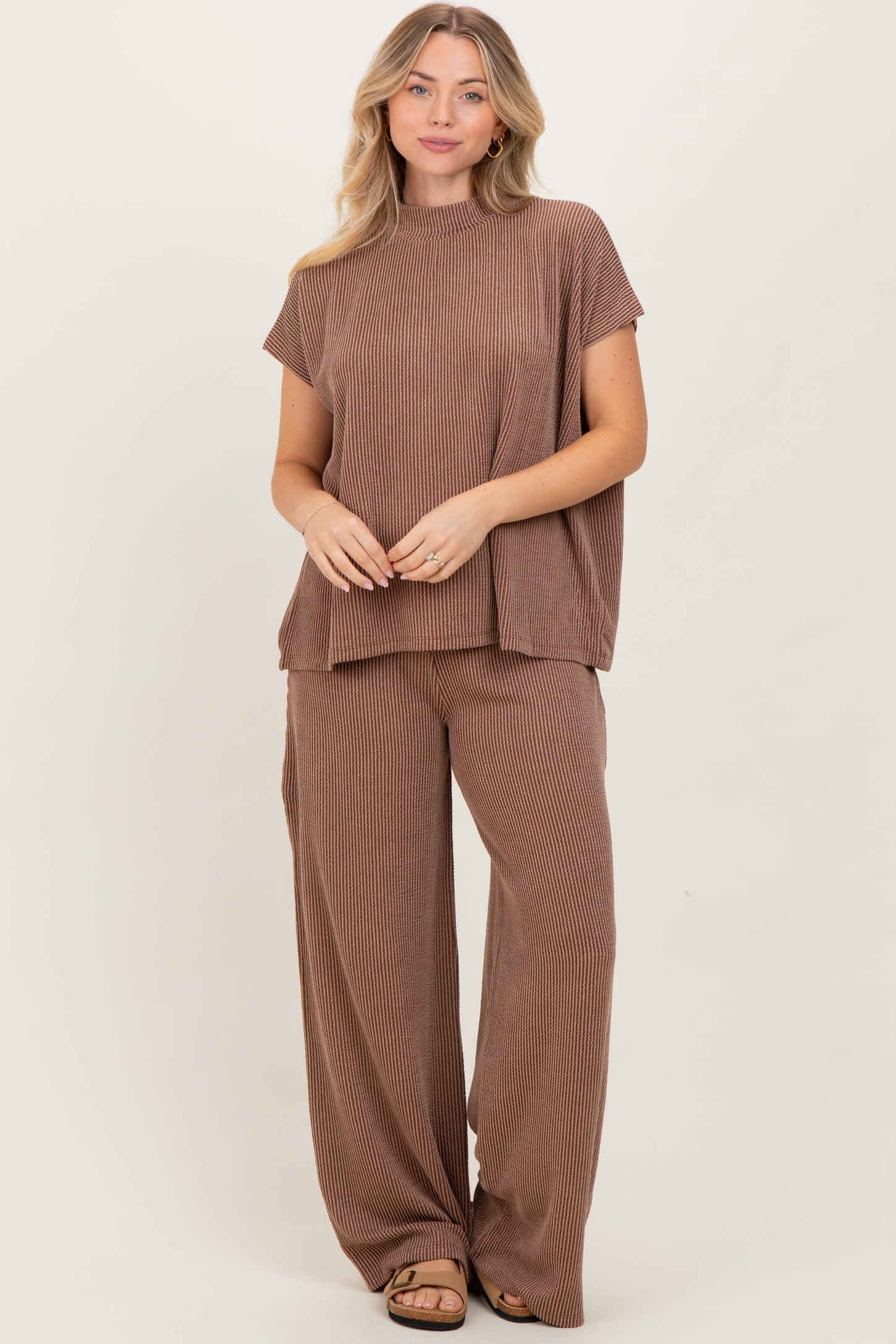 Mocha Textured Rib Mock Neck Short Sleeve Pant Maternity Set